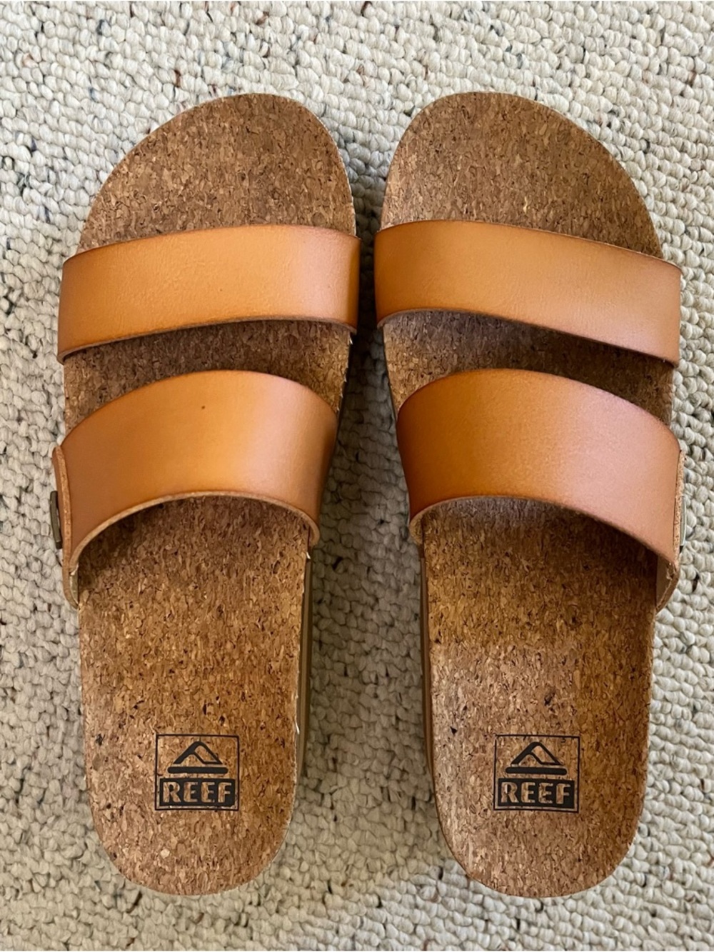 Reef Double Strap Slide Sandals in Tan Leather